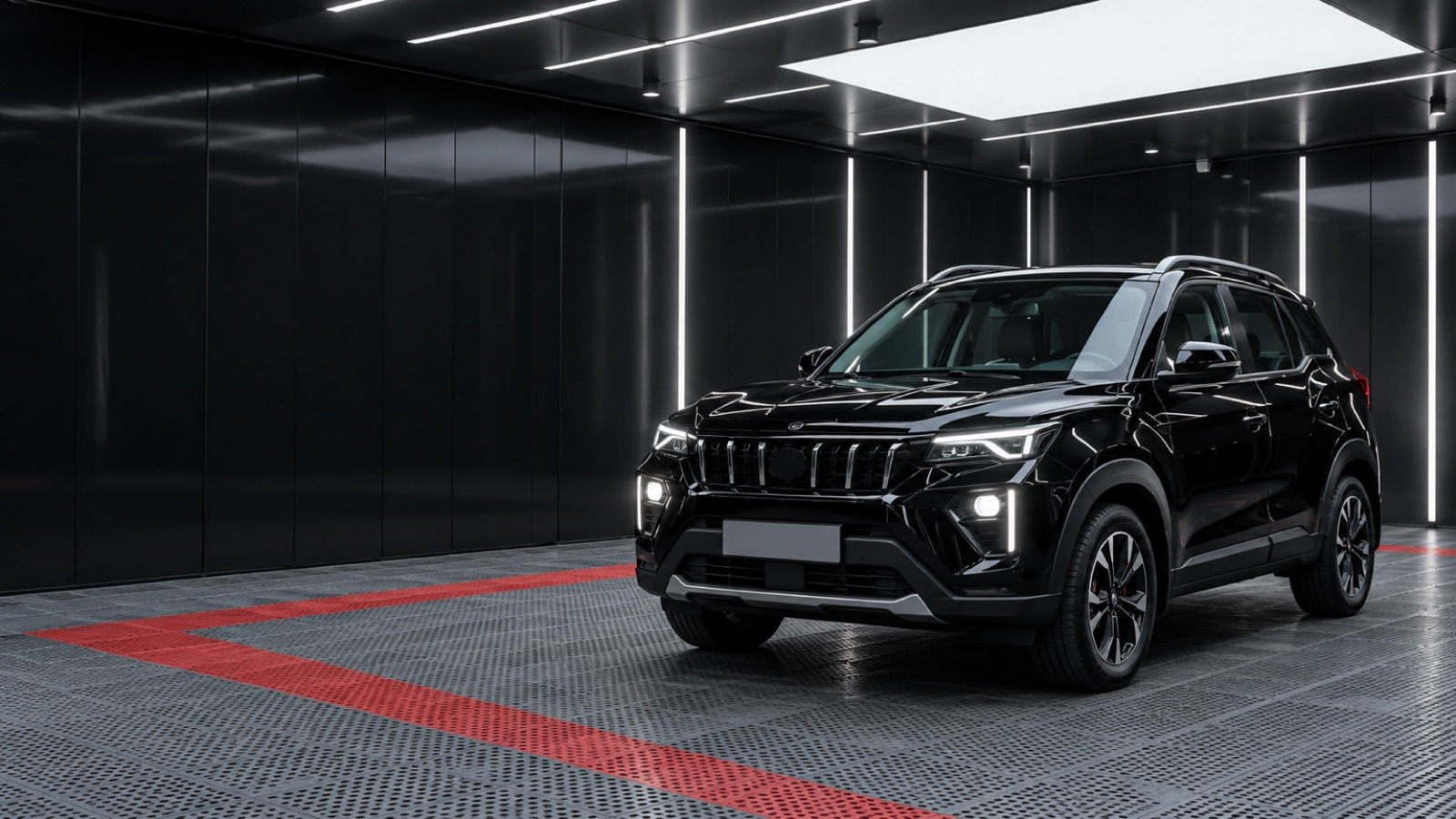 A black SUV under the light strips of the Jay Ganesh detailing studio
