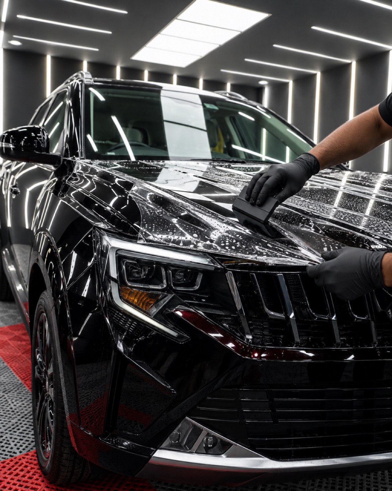 Paint protection film being laid on a black bonnet with a squeegee
