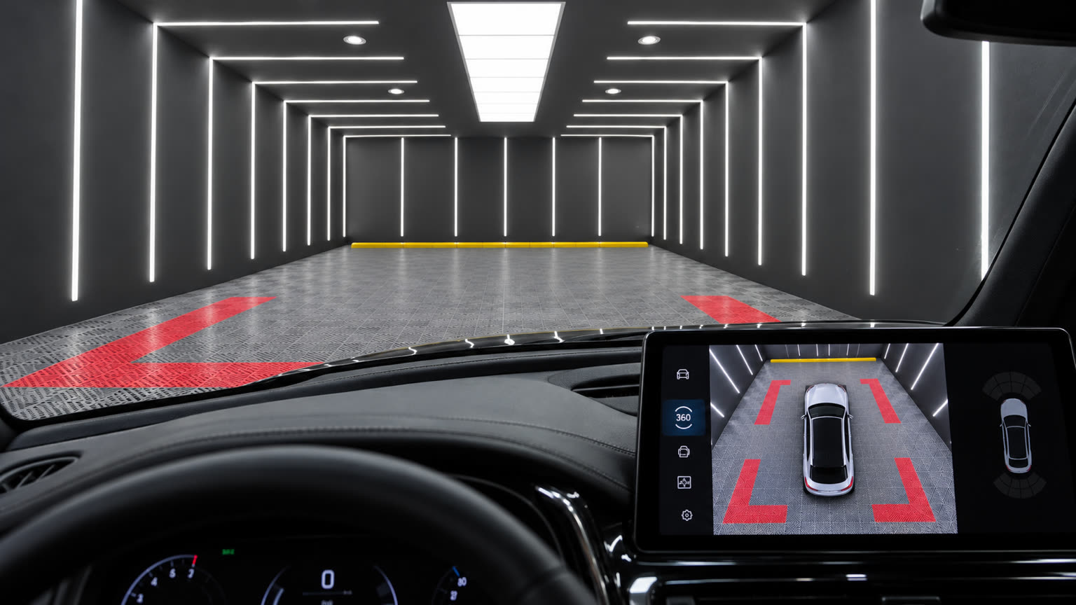A 360° camera view on a car's dashboard screen