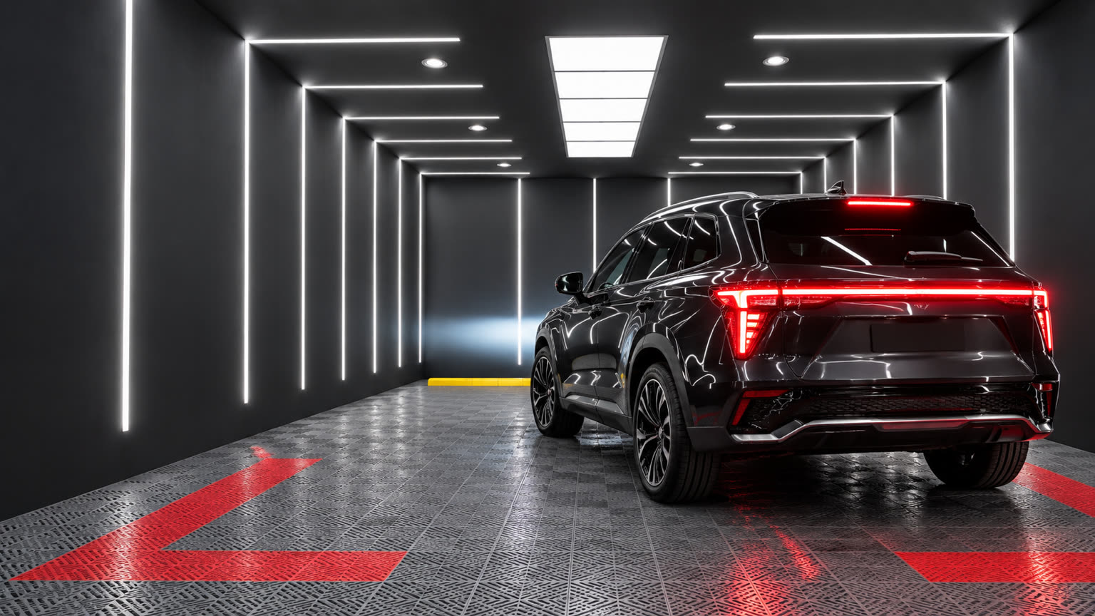 An LED tail-light bar glowing on a black SUV
