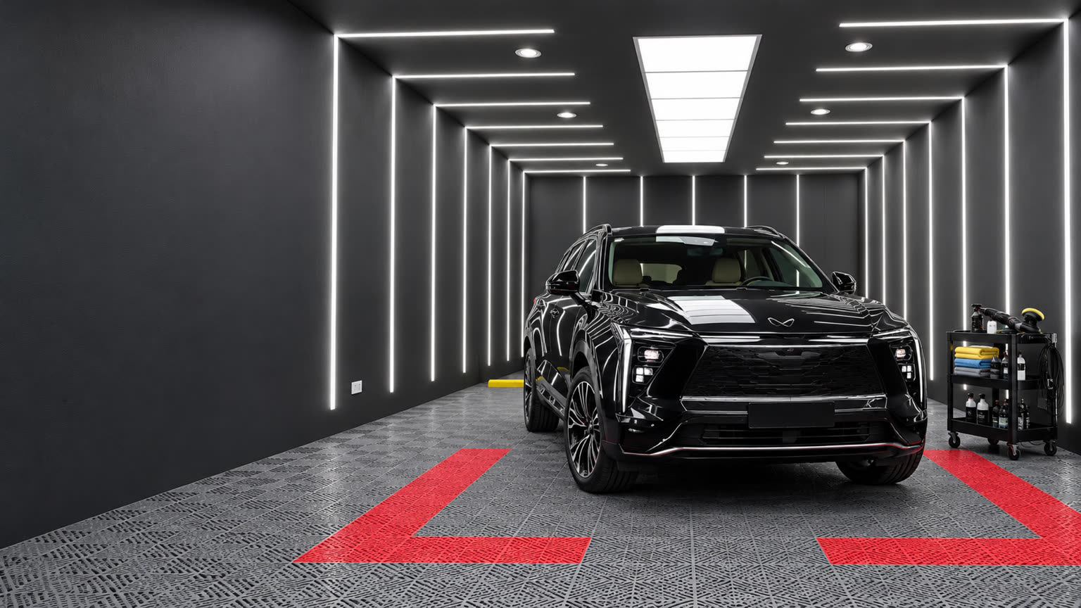 A black SUV in the light tunnel of the Jay Ganesh detailing studio