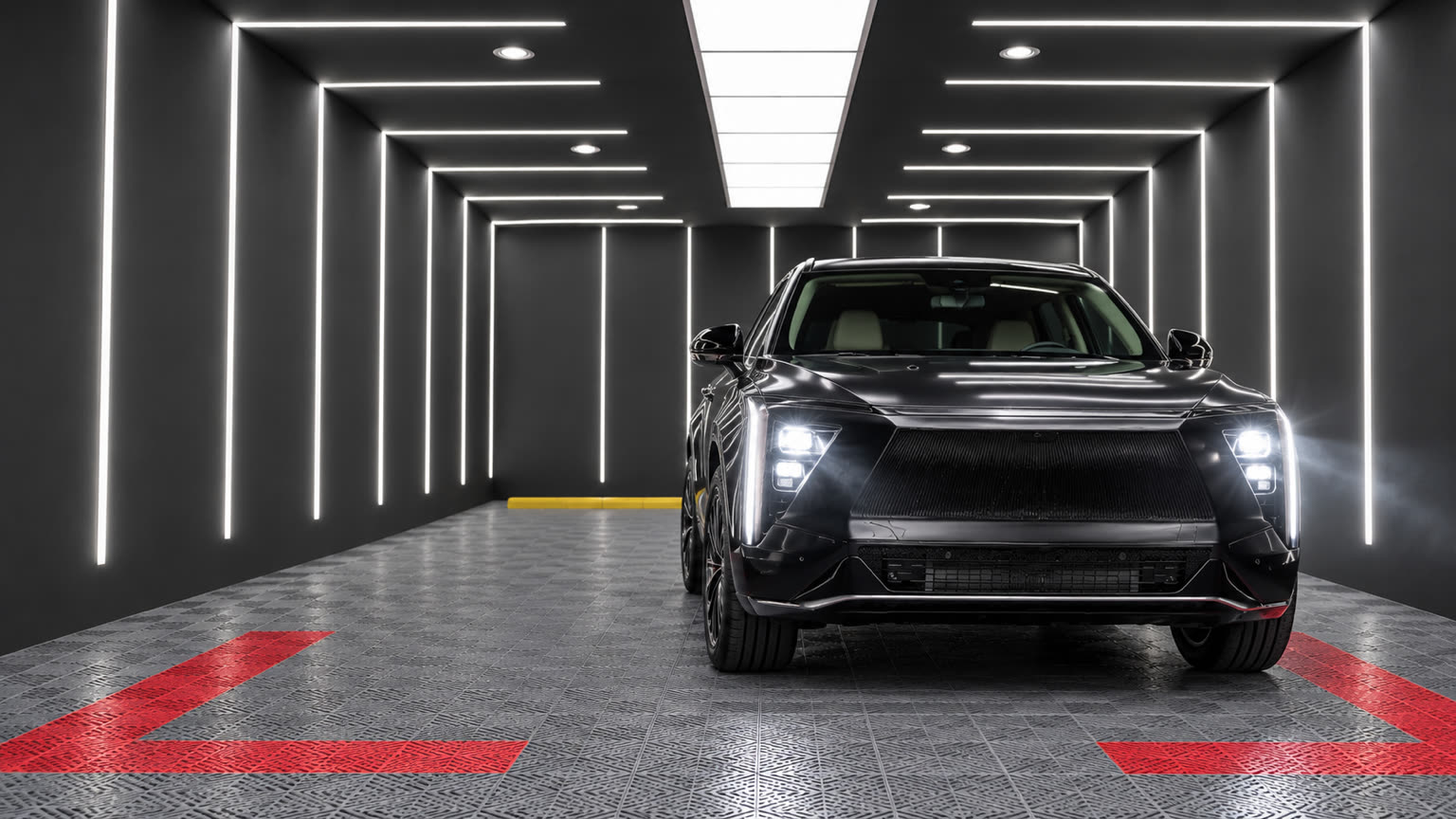 LED headlights glowing on a black SUV